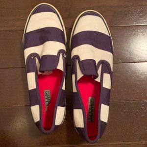 Blue and white striped sperry slip ons